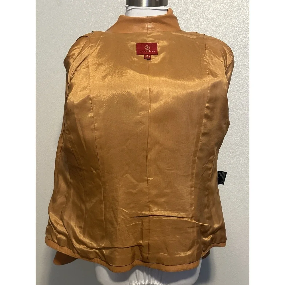 COLE HAAN 100%‎ Lambskin Leather Wing Collar Zip Jacket Camel Beige Women Sz 14